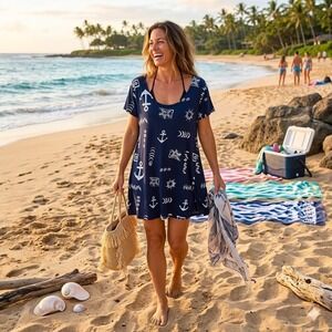 Exist Nautical T-Shirt Dress Womens L Navy Blue Anchor Starfish Cotton Mini